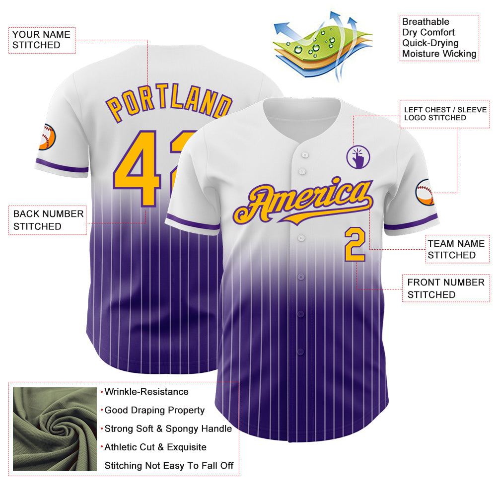 Custom White Pinstripe Gold-Purple Authentic Fade Fashion Baseball Jersey - Sky-Custom