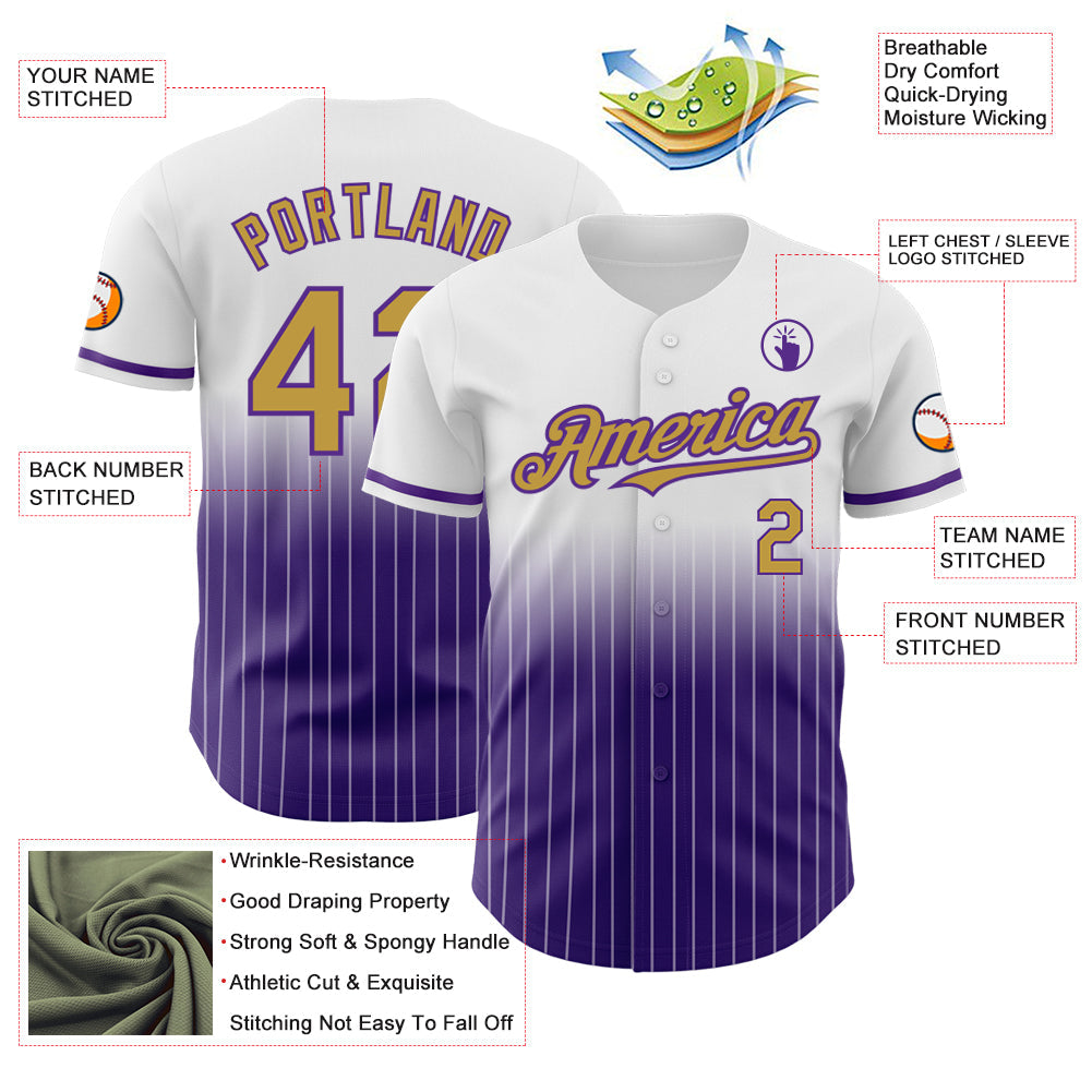 Custom White Pinstripe Old Gold-Purple Authentic Fade Fashion Baseball Jersey - Sky-Custom