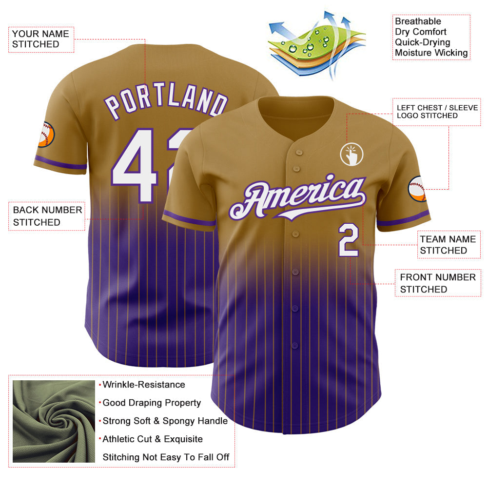 Custom Old Gold Pinstripe White-Purple Authentic Fade Fashion Baseball Jersey - Sky-Custom