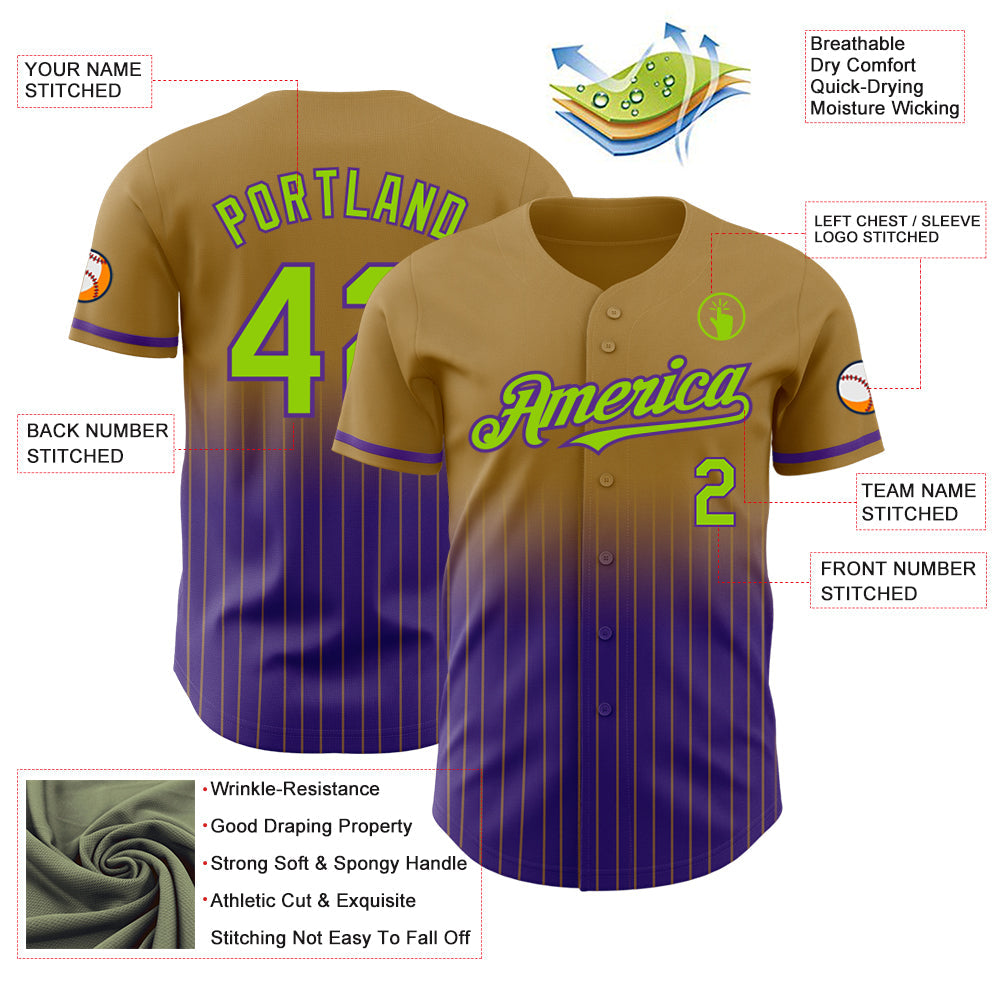 Custom Old Gold Pinstripe Neon Green-Purple Authentic Fade Fashion Baseball Jersey - Sky-Custom