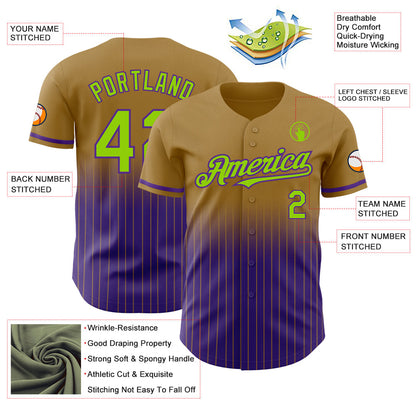 Custom Old Gold Pinstripe Neon Green-Purple Authentic Fade Fashion Baseball Jersey - Sky-Custom