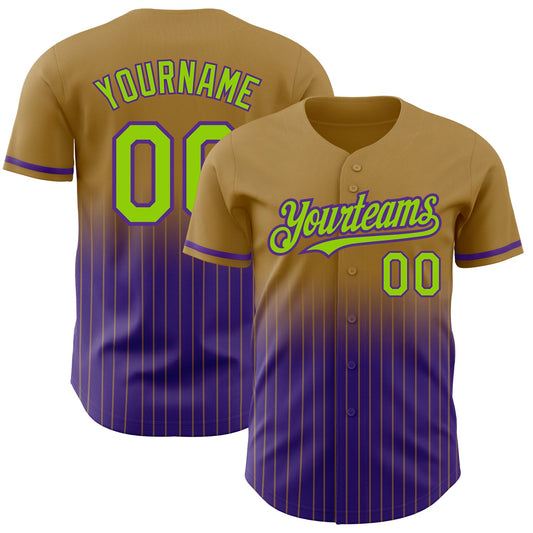 Custom Old Gold Pinstripe Neon Green-Purple Authentic Fade Fashion Baseball Jersey - Sky-Custom