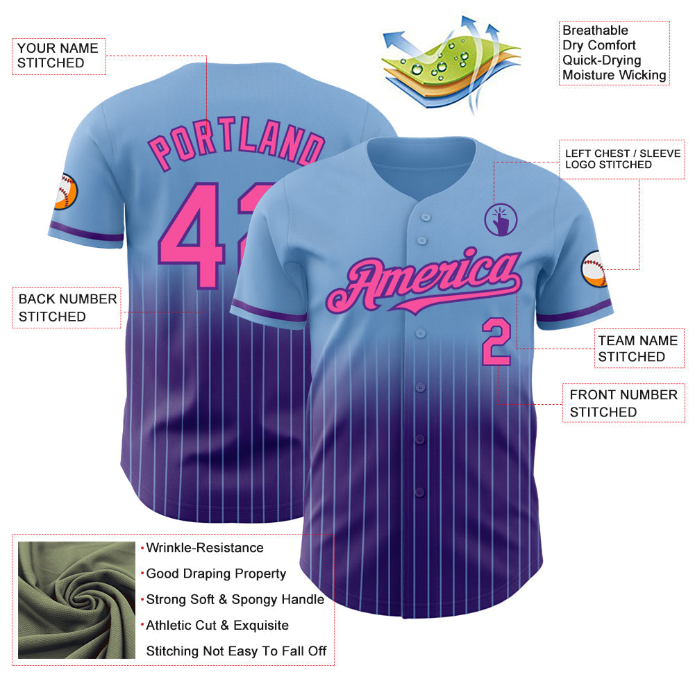 Custom Light Blue Pinstripe Pink-Purple Authentic Fade Fashion Baseball Jersey - Sky-Custom