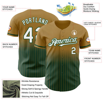 Custom Old Gold Pinstripe White-Green Authentic Fade Fashion Baseball Jersey - Sky-Custom