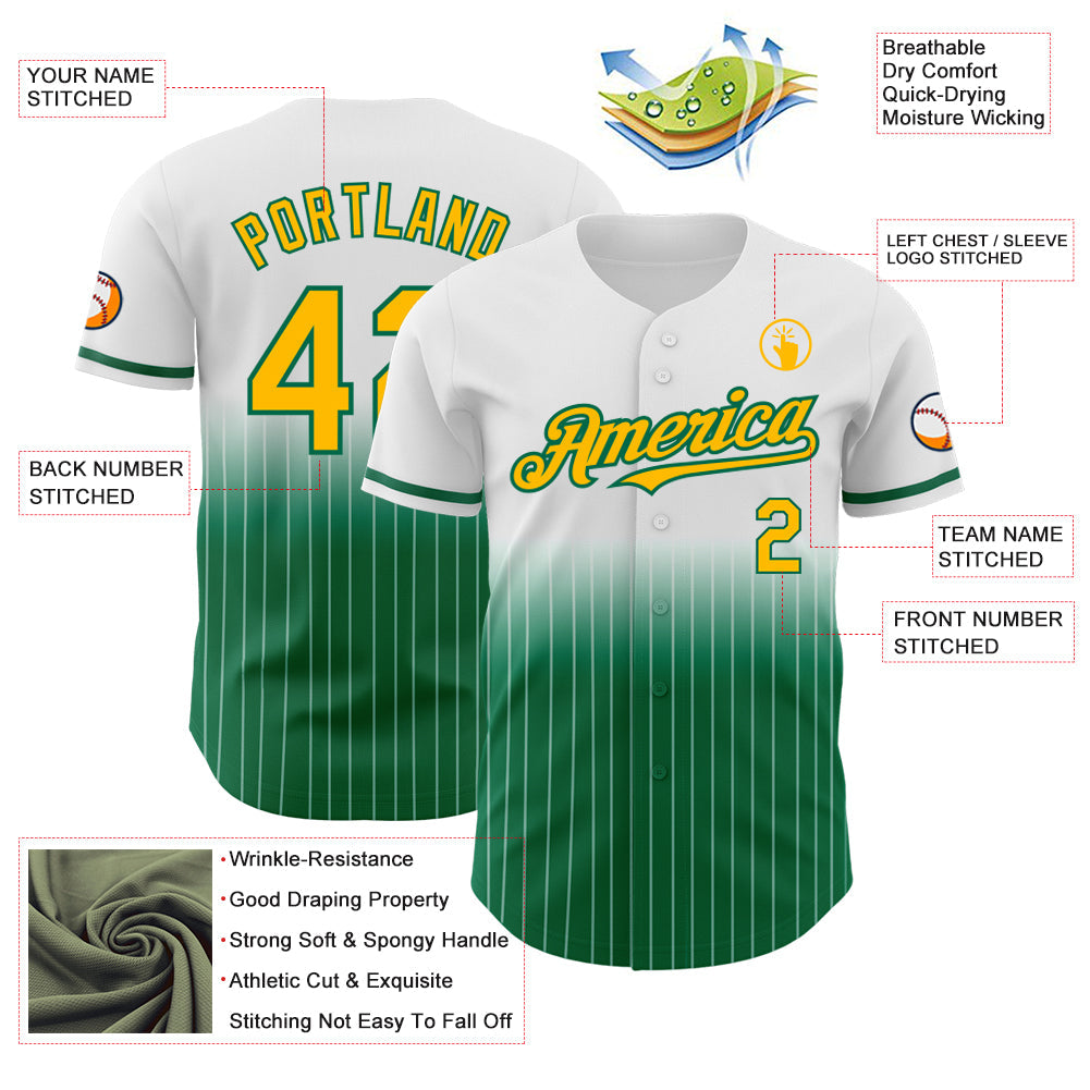 Custom White Pinstripe Gold-Kelly Green Authentic Fade Fashion Baseball Jersey - Sky-Custom