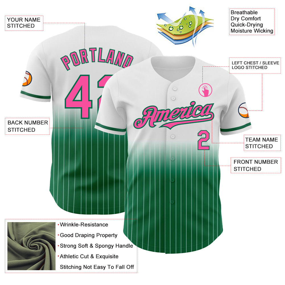 Custom White Pinstripe Pink-Kelly Green Authentic Fade Fashion Baseball Jersey - Sky-Custom