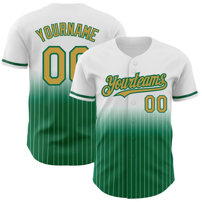 Custom White Pinstripe Old Gold-Kelly Green Authentic Fade Fashion Baseball Jersey - Sky-Custom