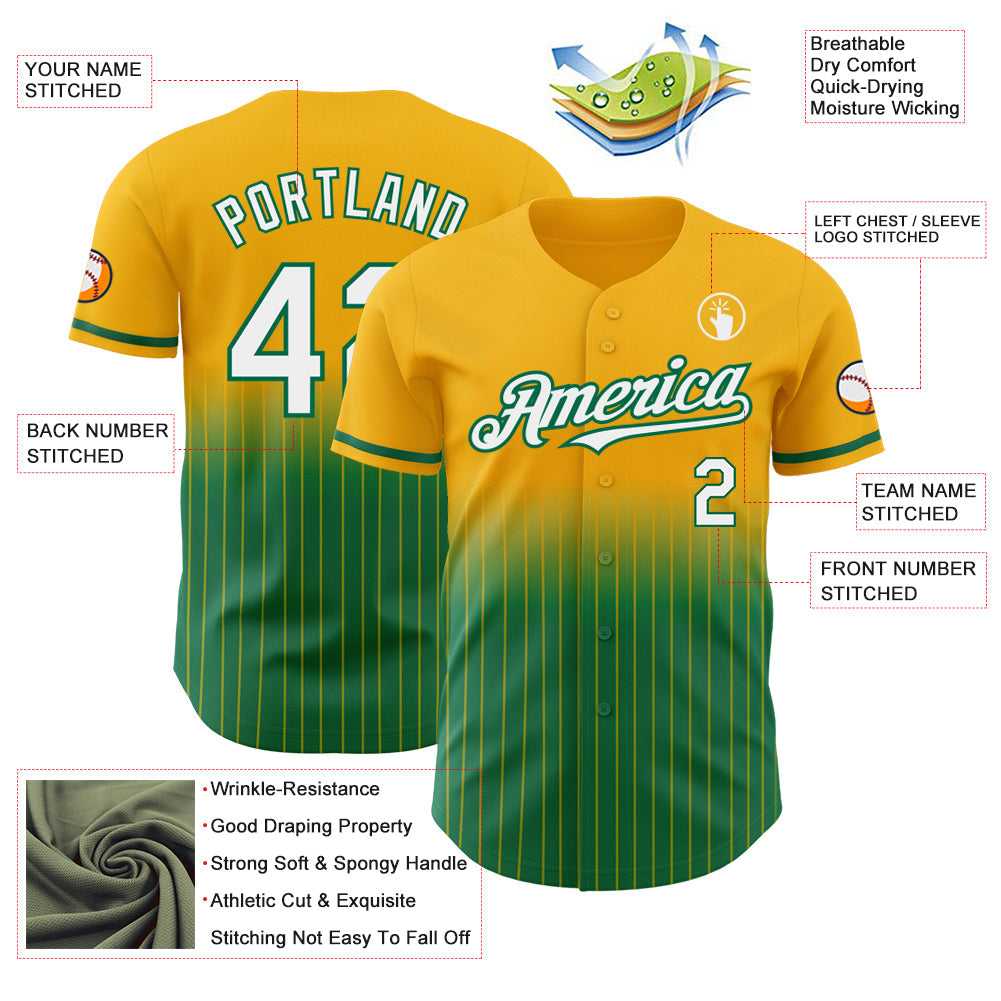 Custom Gold Pinstripe White-Kelly Green Authentic Fade Fashion Baseball Jersey - Sky-Custom