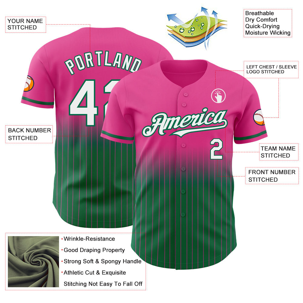 Custom Pink Pinstripe White-Kelly Green Authentic Fade Fashion Baseball Jersey - Sky-Custom