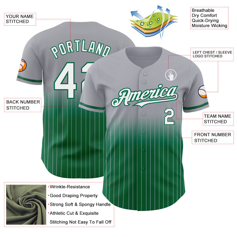 Custom Gray Pinstripe White-Kelly Green Authentic Fade Fashion Baseball Jersey - Sky-Custom