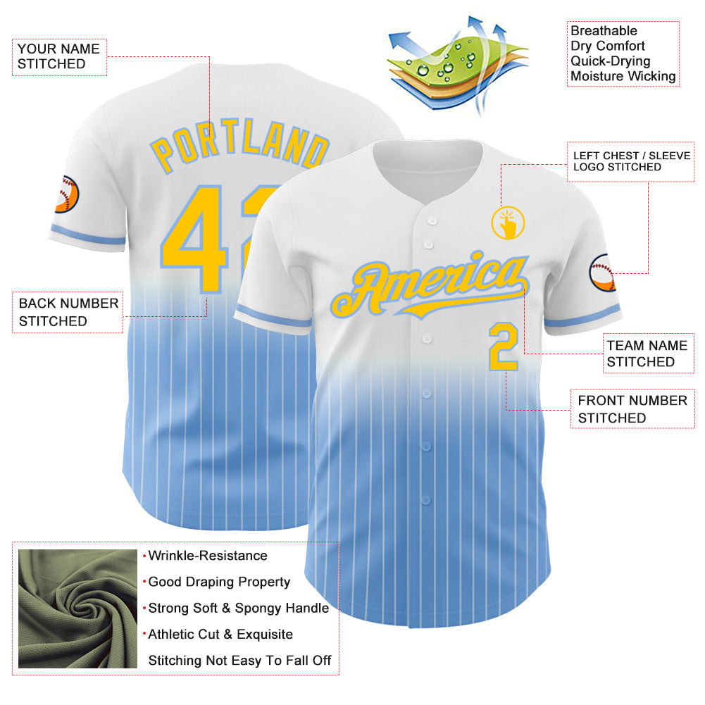Custom White Pinstripe Yellow-Light Blue Authentic Fade Fashion Baseball Jersey - Sky-Custom