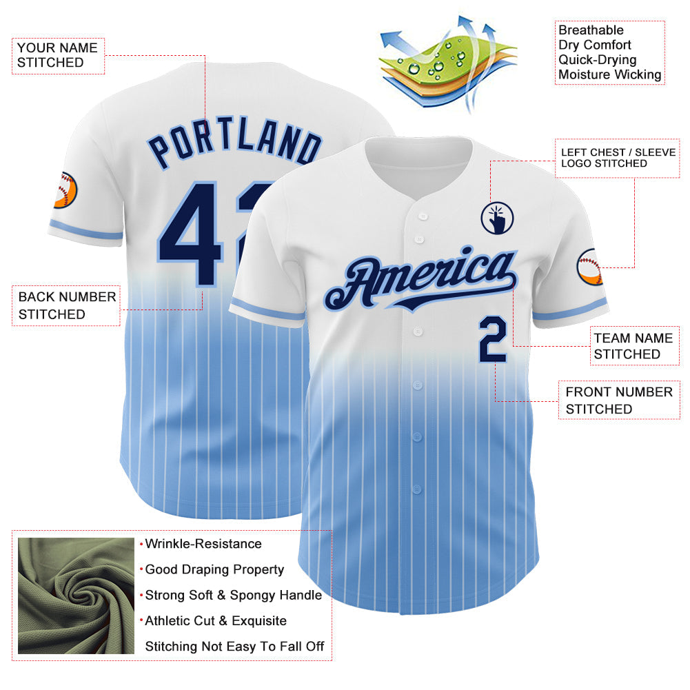 Custom White Pinstripe Navy-Light Blue Authentic Fade Fashion Baseball Jersey - Sky-Custom