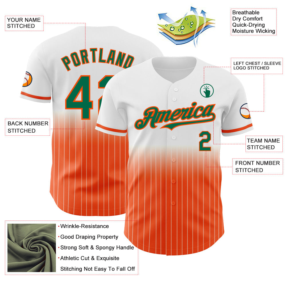 Custom White Pinstripe Kelly Green-Orange Authentic Fade Fashion Baseball Jersey - Sky-Custom