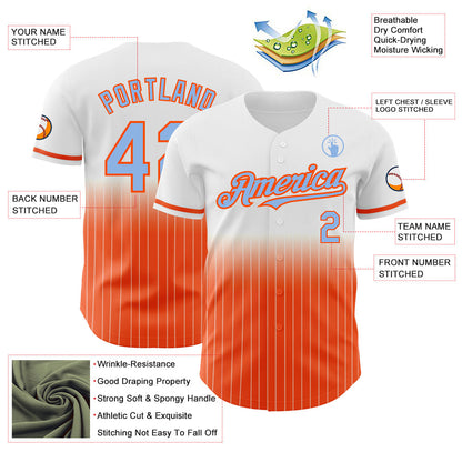 Custom White Pinstripe Light Blue-Orange Authentic Fade Fashion Baseball Jersey - Sky-Custom