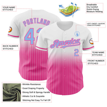Custom White Pinstripe Light Blue-Pink Authentic Fade Fashion Baseball Jersey - Sky-Custom