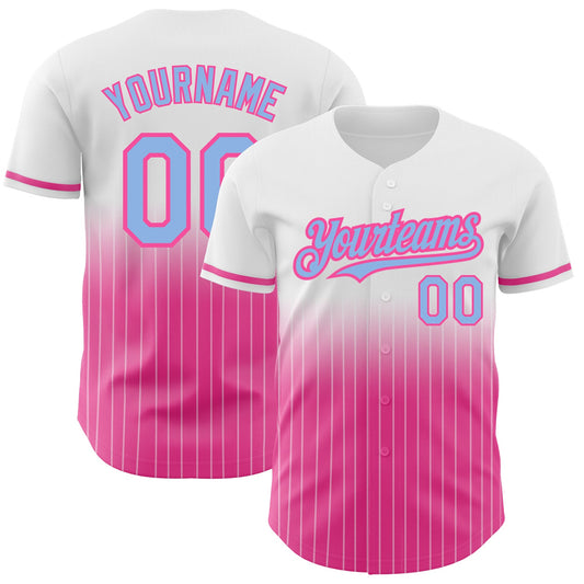 Custom White Pinstripe Light Blue-Pink Authentic Fade Fashion Baseball Jersey - Sky-Custom