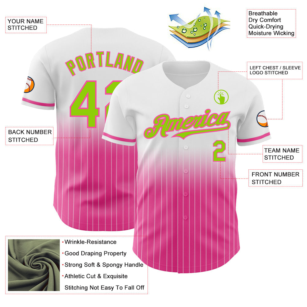 Custom White Pinstripe Neon Green-Pink Authentic Fade Fashion Baseball Jersey - Sky-Custom