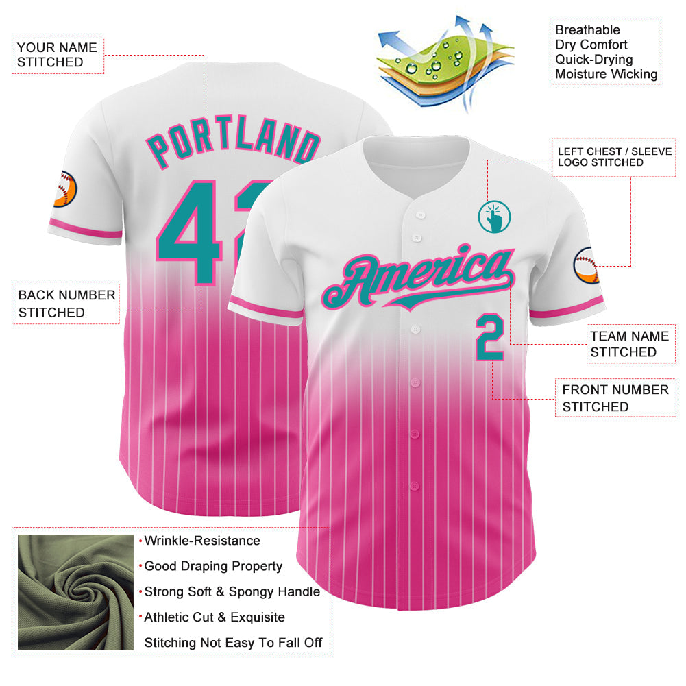 Custom White Pinstripe Teal-Pink Authentic Fade Fashion Baseball Jersey - Sky-Custom