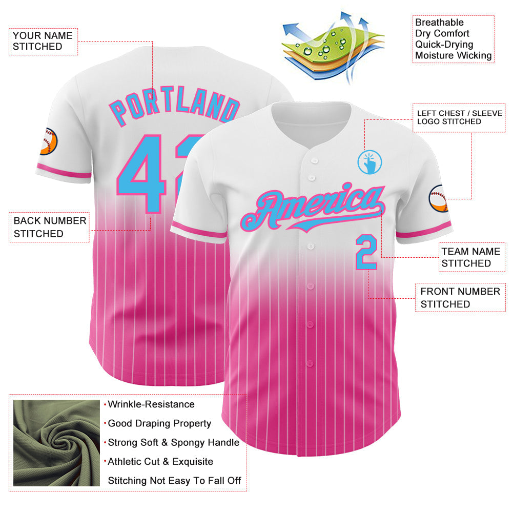 Custom White Pinstripe Sky Blue-Pink Authentic Fade Fashion Baseball Jersey - Sky-Custom