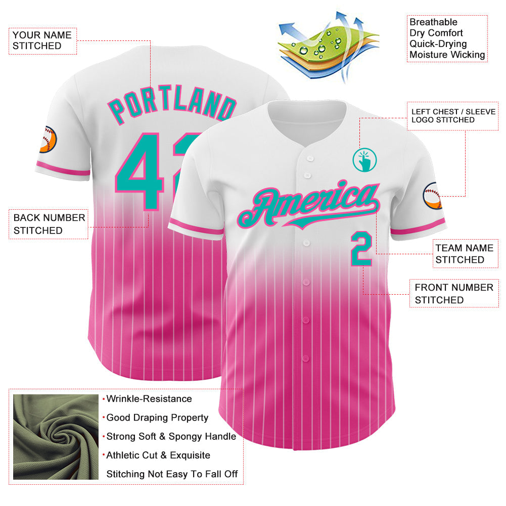 Custom White Pinstripe Aqua-Pink Authentic Fade Fashion Baseball Jersey - Sky-Custom