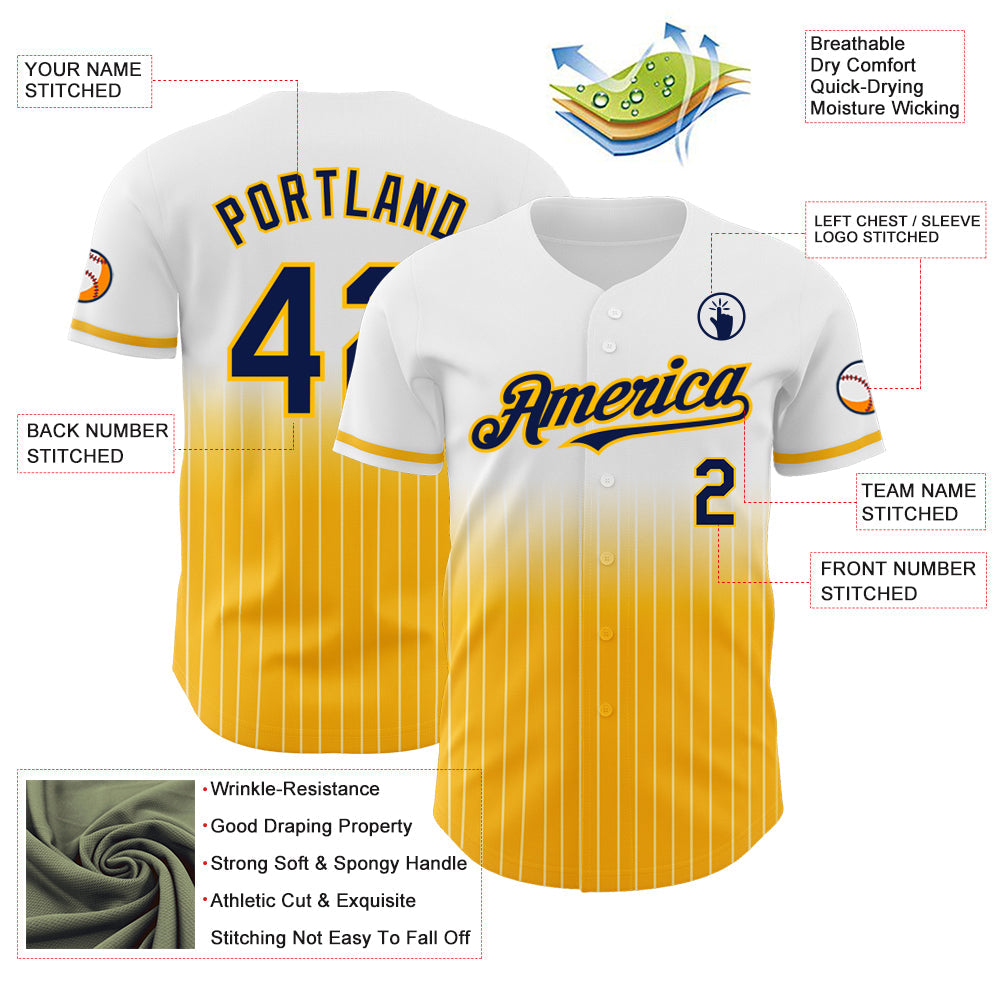 Custom White Pinstripe Navy-Gold Authentic Fade Fashion Baseball Jersey - Sky-Custom