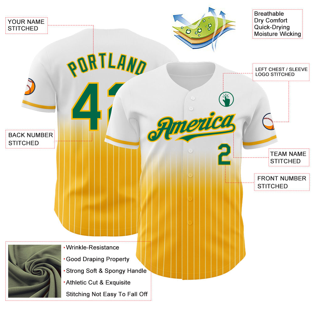Custom White Pinstripe Kelly Green-Gold Authentic Fade Fashion Baseball Jersey - Sky-Custom
