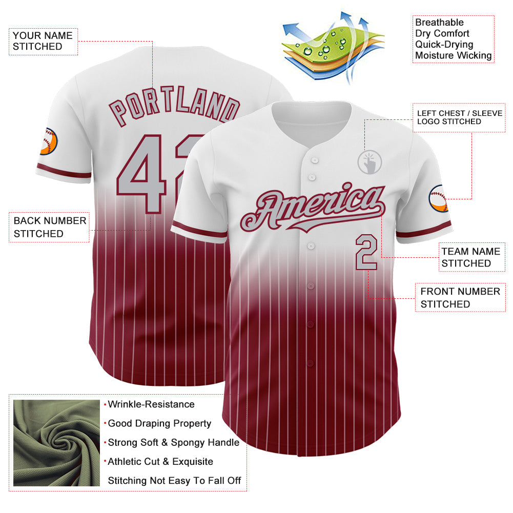 Custom White Pinstripe Gray-Crimson Authentic Fade Fashion Baseball Jersey - Sky-Custom