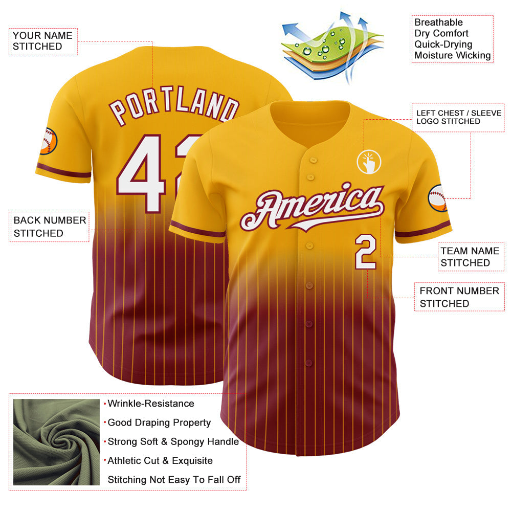 Custom Gold Pinstripe White-Crimson Authentic Fade Fashion Baseball Jersey - Sky-Custom