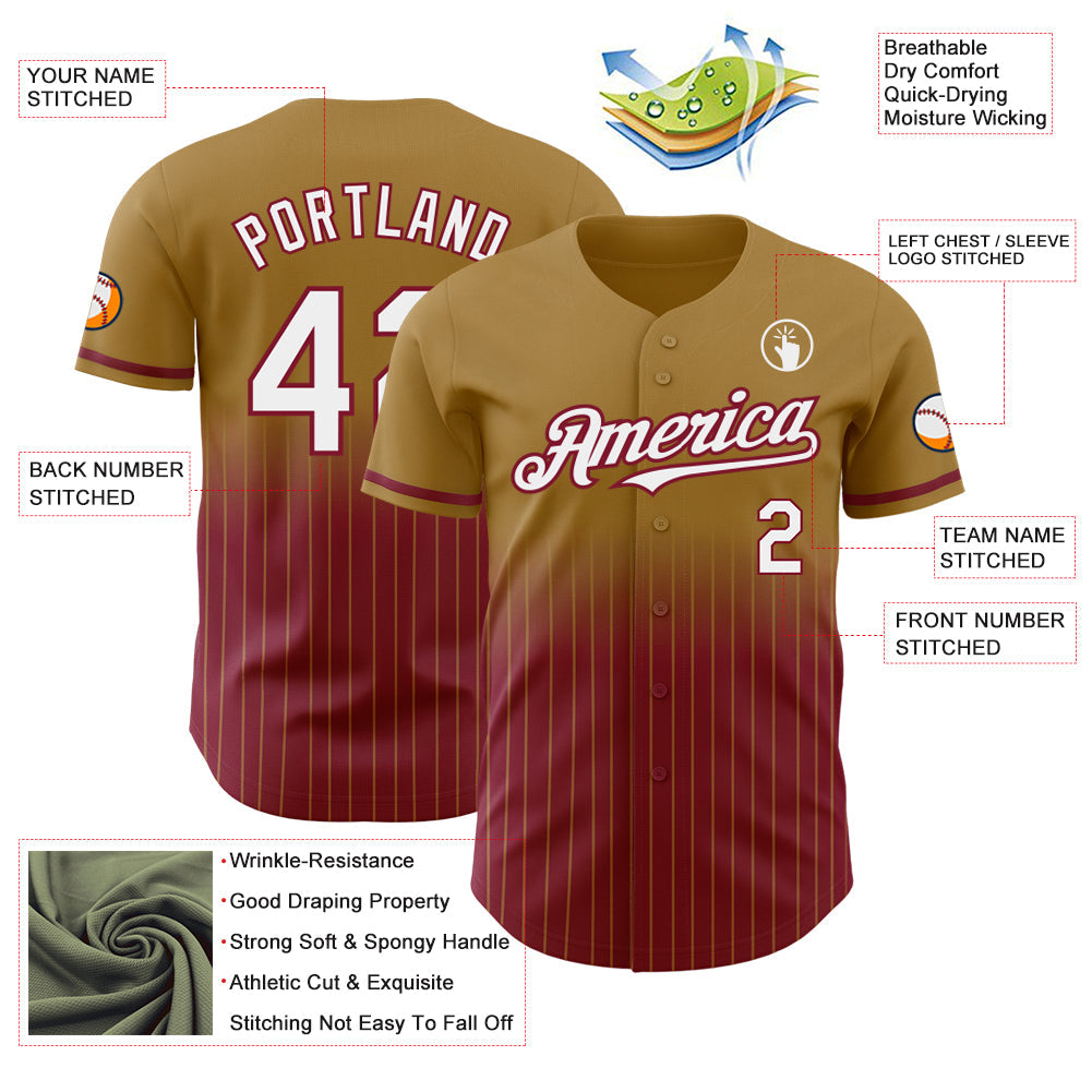 Custom Old Gold Pinstripe White-Crimson Authentic Fade Fashion Baseball Jersey - Sky-Custom
