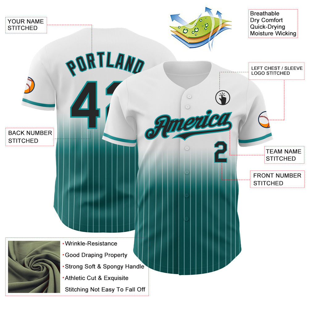Custom White Pinstripe Black-Teal Authentic Fade Fashion Baseball Jersey - Sky-Custom