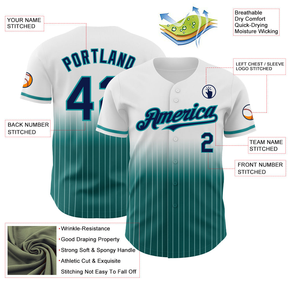 Custom White Pinstripe Navy-Teal Authentic Fade Fashion Baseball Jersey - Sky-Custom