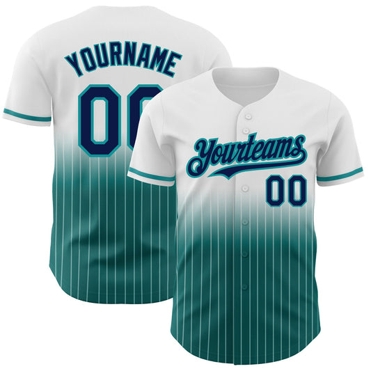 Custom White Pinstripe Navy-Teal Authentic Fade Fashion Baseball Jersey - Sky-Custom