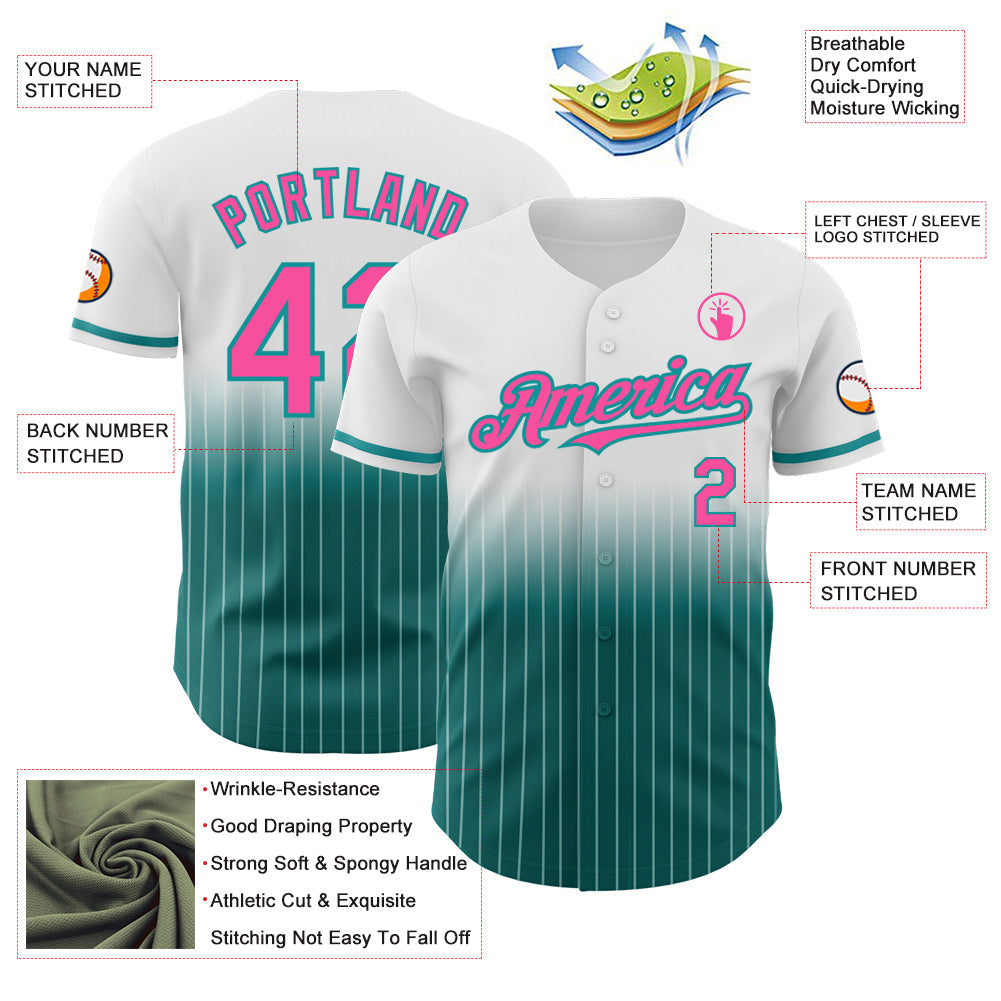 Custom White Pinstripe Pink-Teal Authentic Fade Fashion Baseball Jersey - Sky-Custom