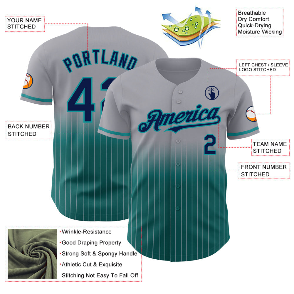 Custom Gray Pinstripe Navy-Teal Authentic Fade Fashion Baseball Jersey - Sky-Custom