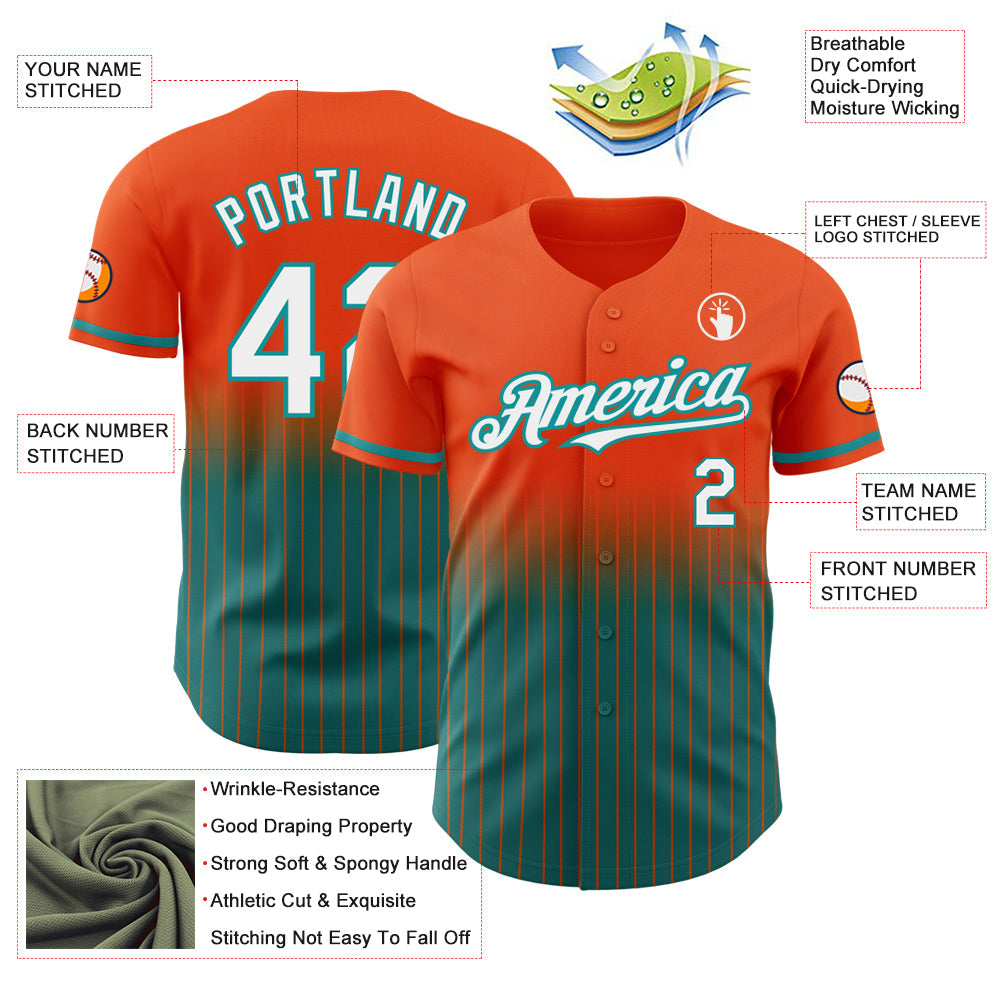 Custom Orange Pinstripe White-Teal Authentic Fade Fashion Baseball Jersey - Sky-Custom