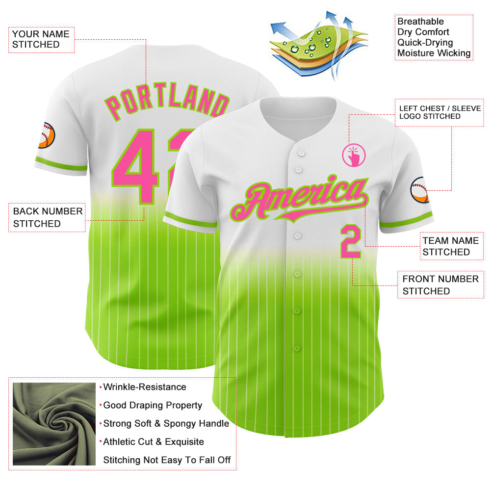 Custom White Pinstripe Pink-Neon Green Authentic Fade Fashion Baseball Jersey - Sky-Custom