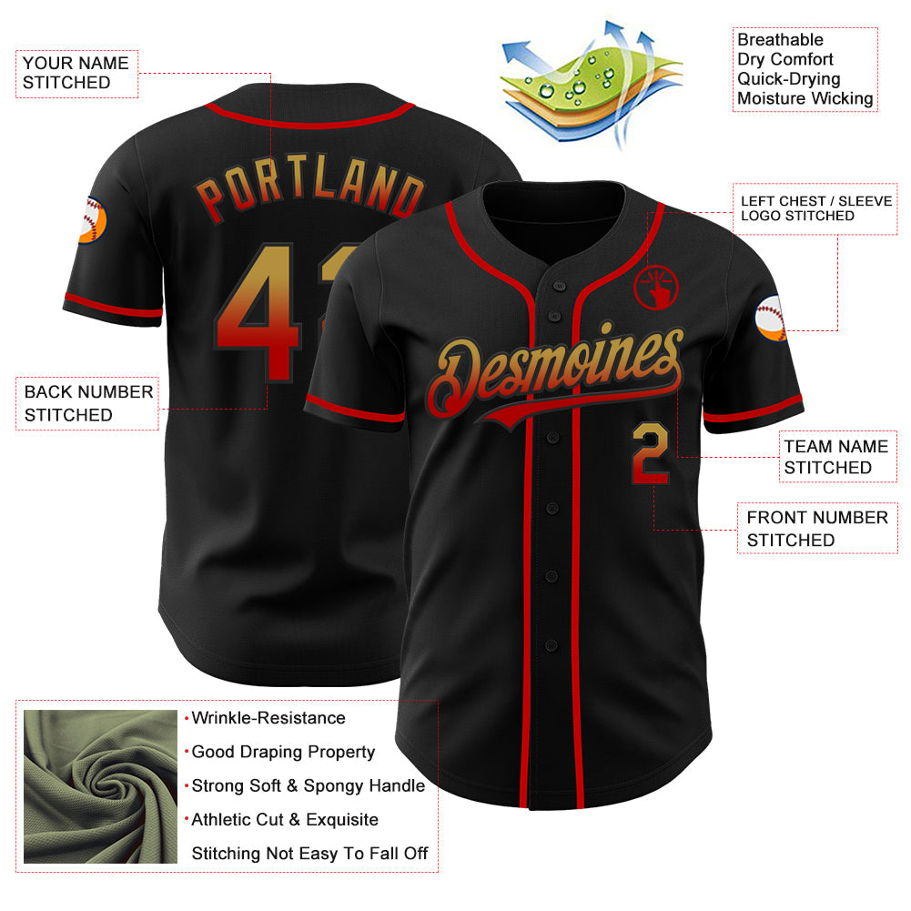 Custom Black Old Gold-Red Authentic Fade Fashion Baseball Jersey - Sky-Custom
