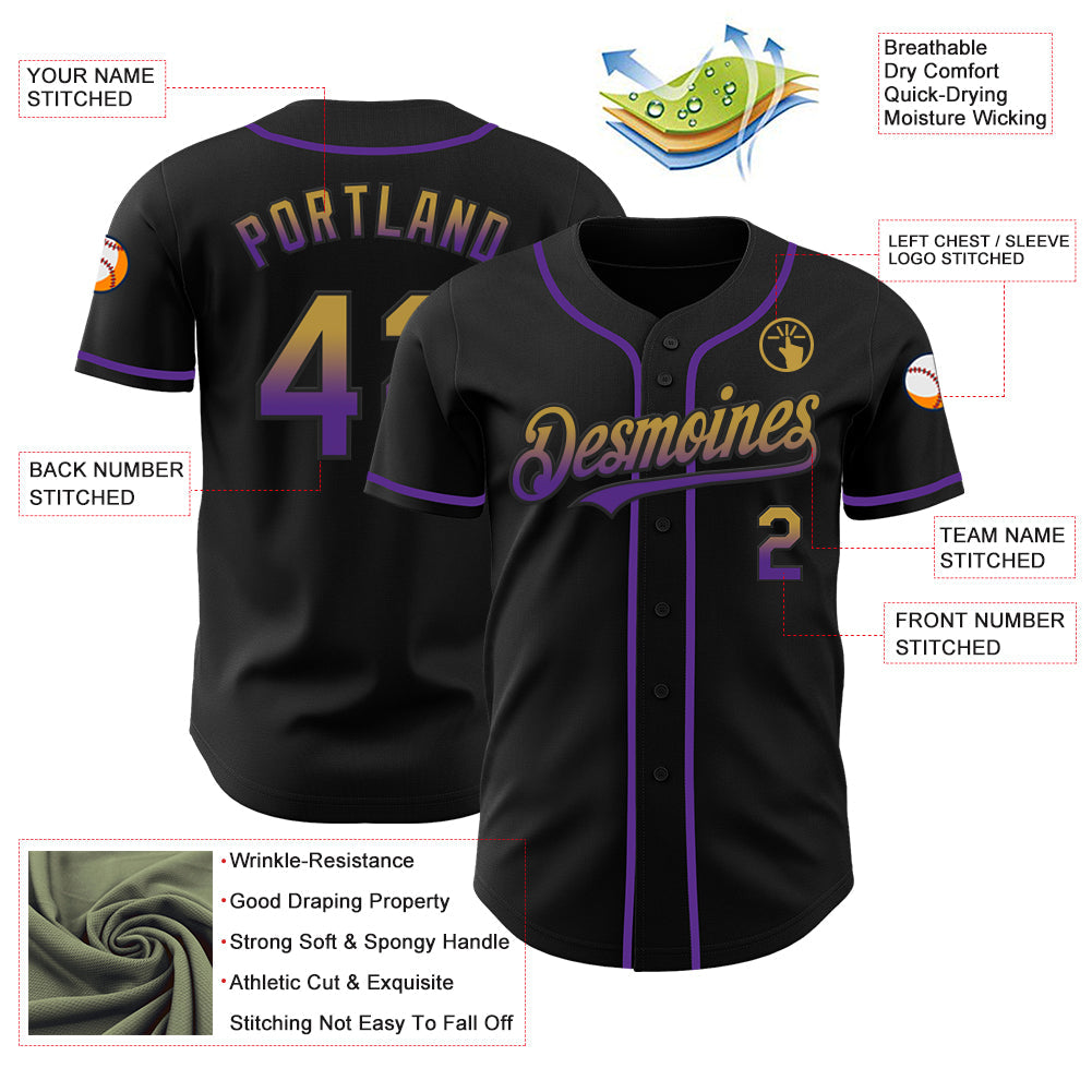 Custom Black Old Gold-Purple Authentic Fade Fashion Baseball Jersey - Sky-Custom