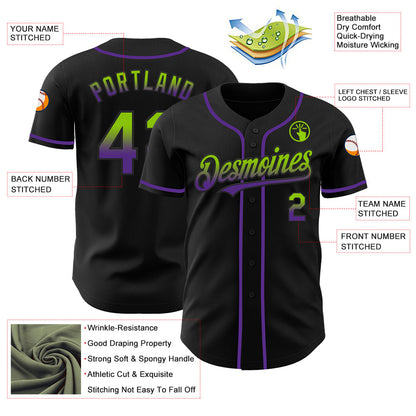 Custom Black Neon Green-Purple Authentic Fade Fashion Baseball Jersey - Sky-Custom