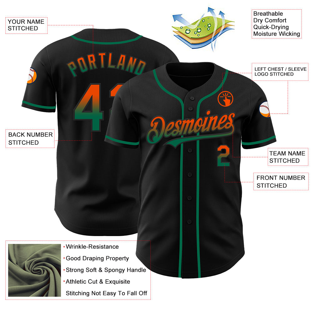Custom Black Orange-Kelly Green Authentic Fade Fashion Baseball Jersey - Sky-Custom