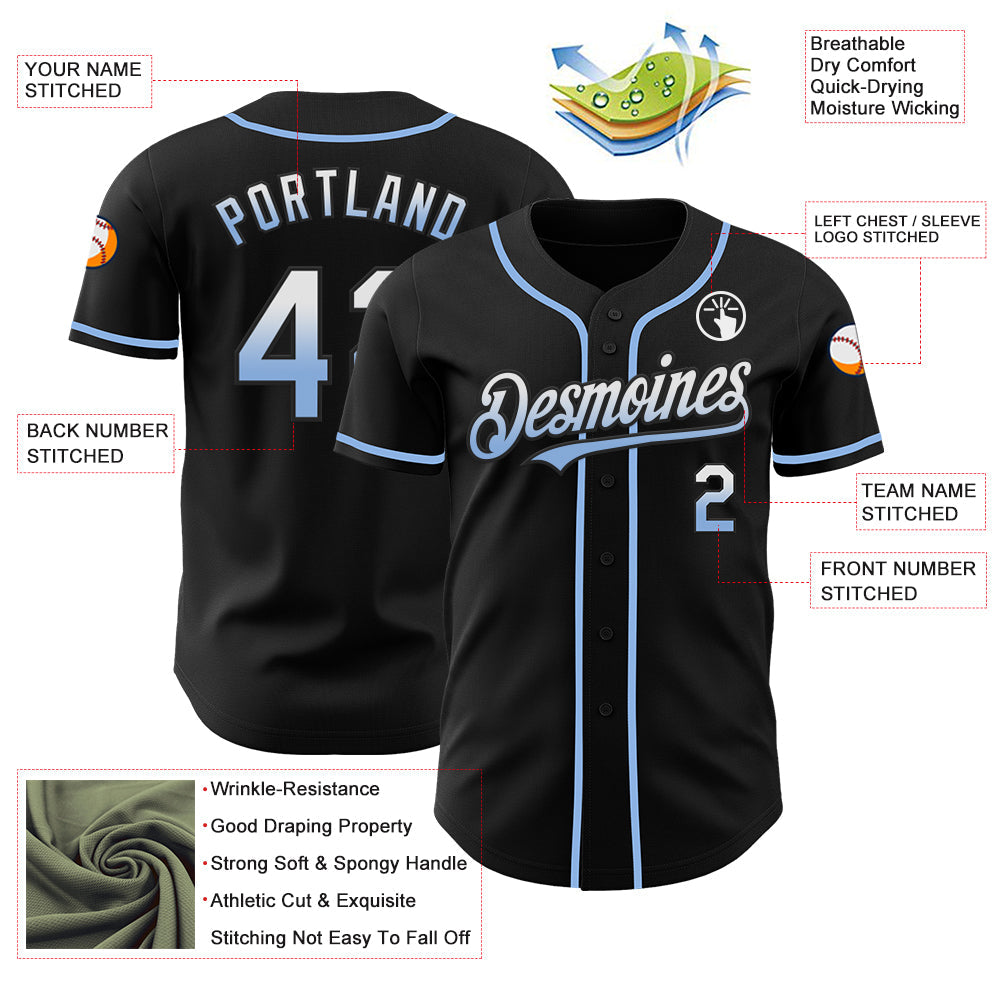 Custom Black White-Light Blue Authentic Fade Fashion Baseball Jersey - Sky-Custom