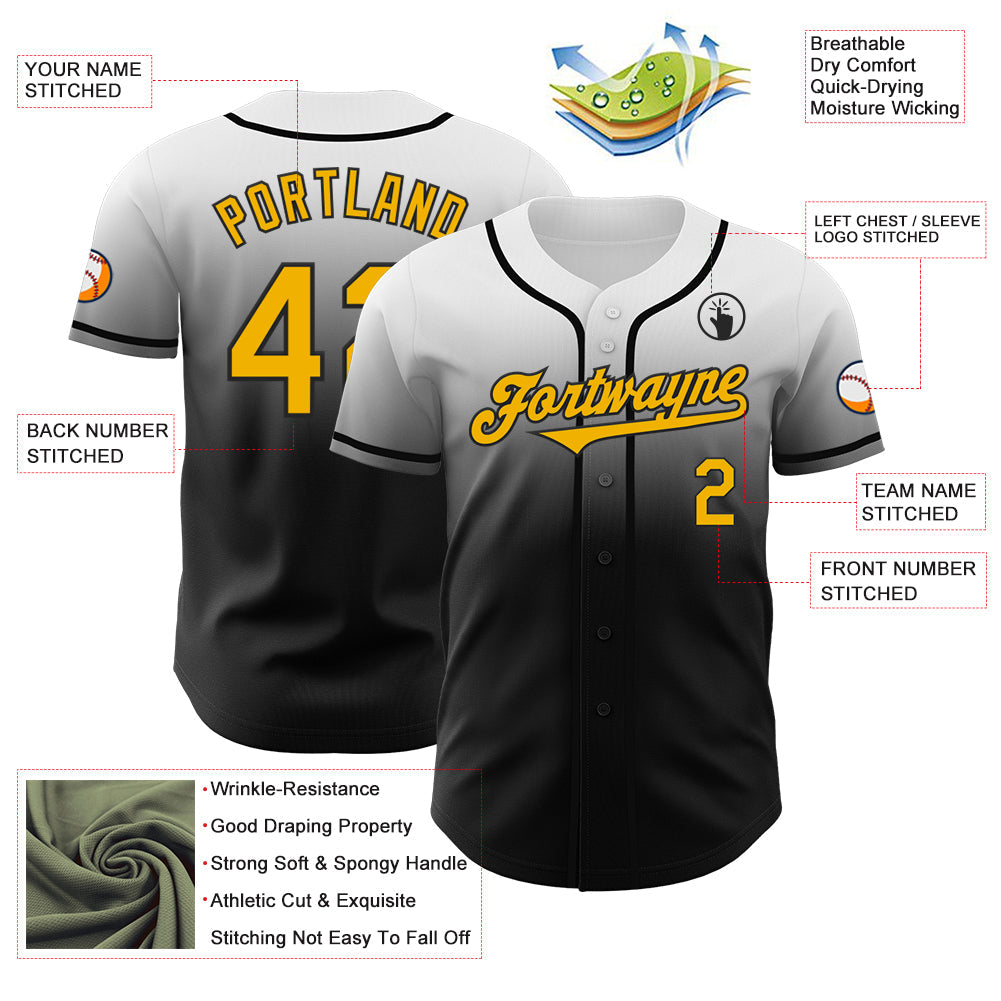 Custom White Gold-Black Authentic Fade Fashion Baseball Jersey - Sky-Custom