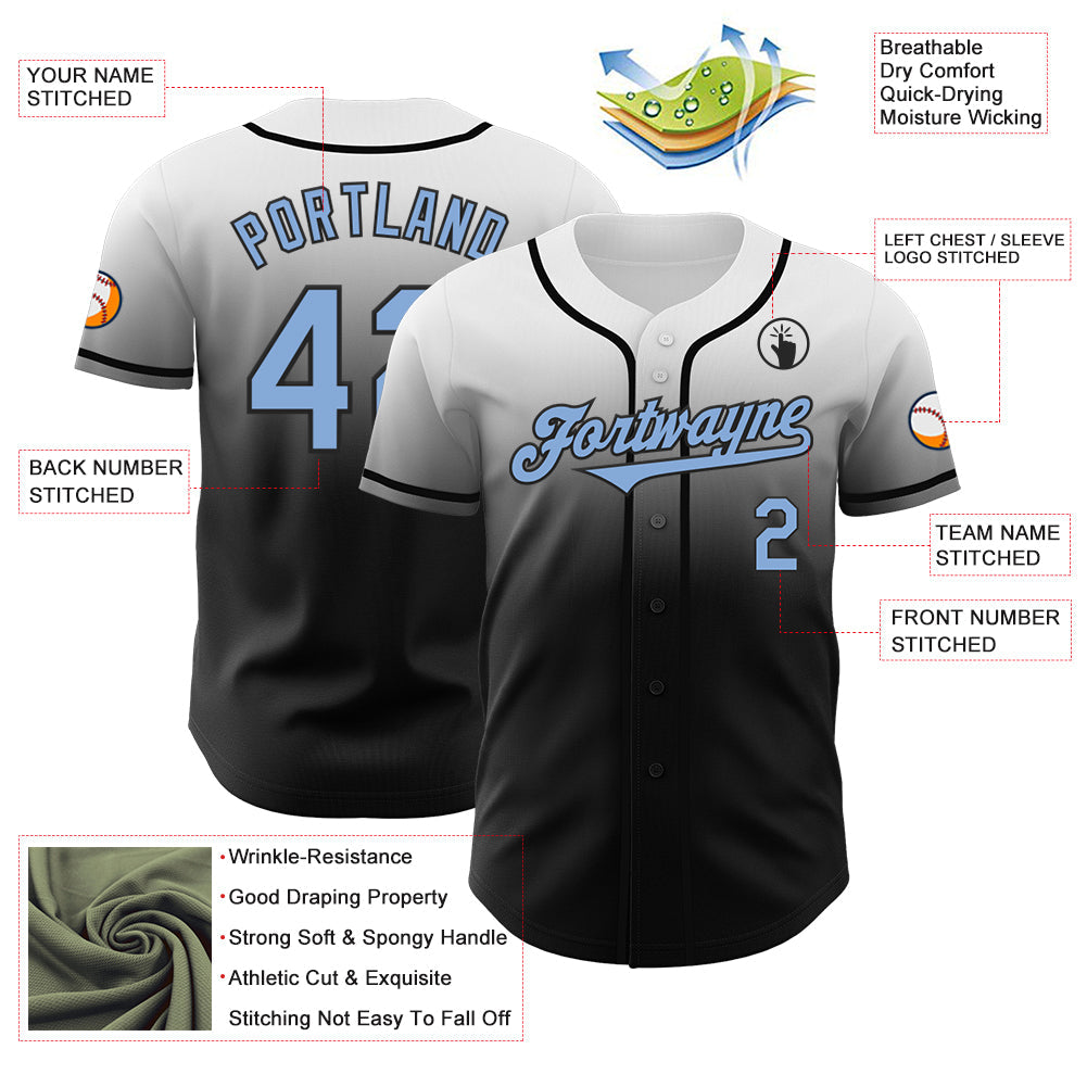 Custom White Light Blue-Black Authentic Fade Fashion Baseball Jersey - Sky-Custom