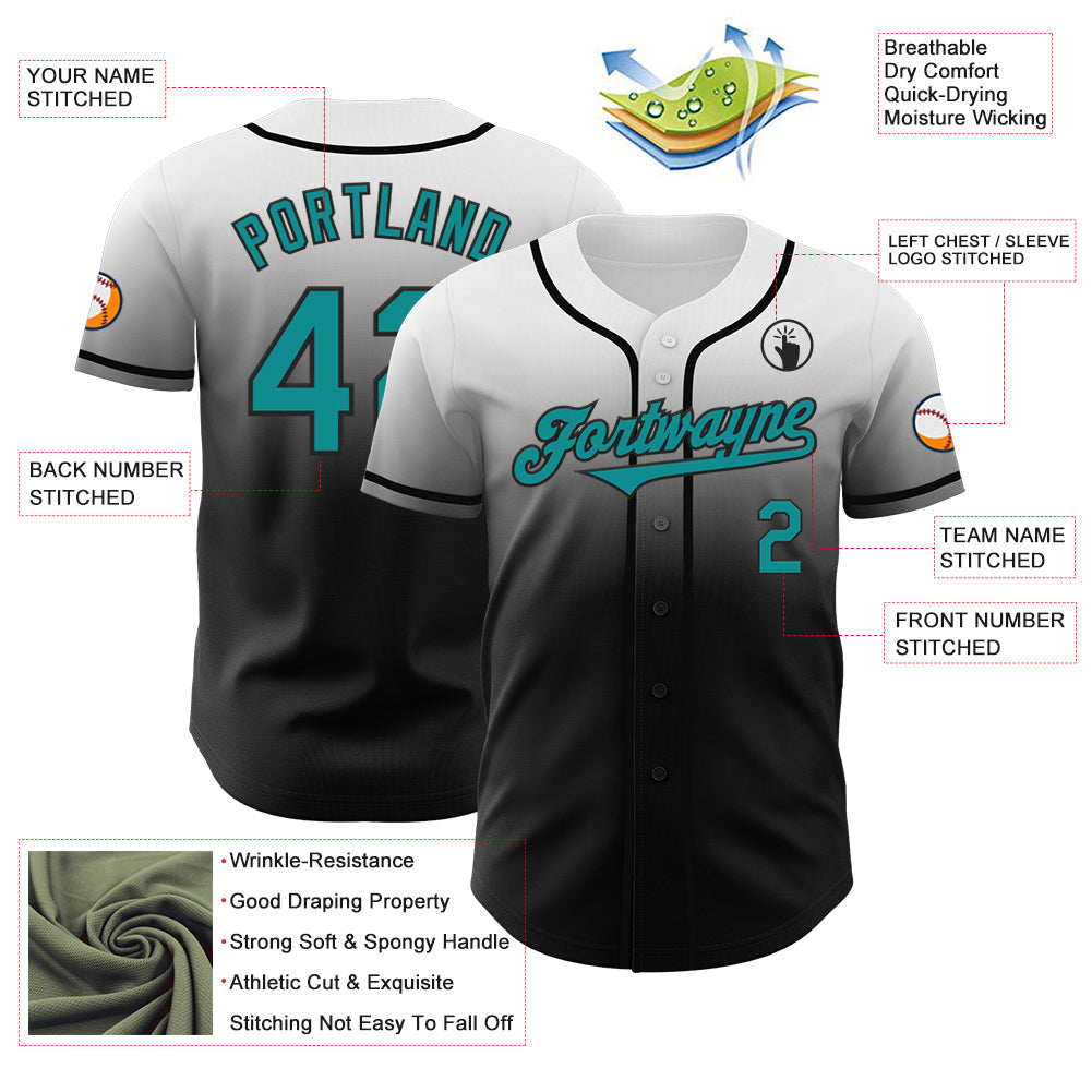 Custom White Teal-Black Authentic Fade Fashion Baseball Jersey - Sky-Custom