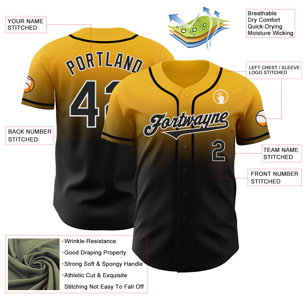 Custom Gold Black-White Authentic Fade Fashion Baseball Jersey - Sky-Custom