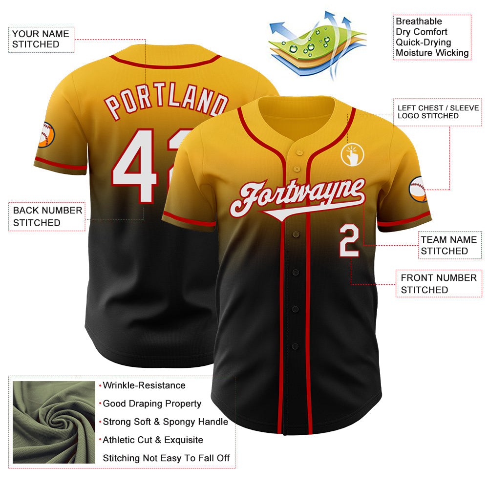 Custom Gold Black-Red Authentic Fade Fashion Baseball Jersey - Sky-Custom