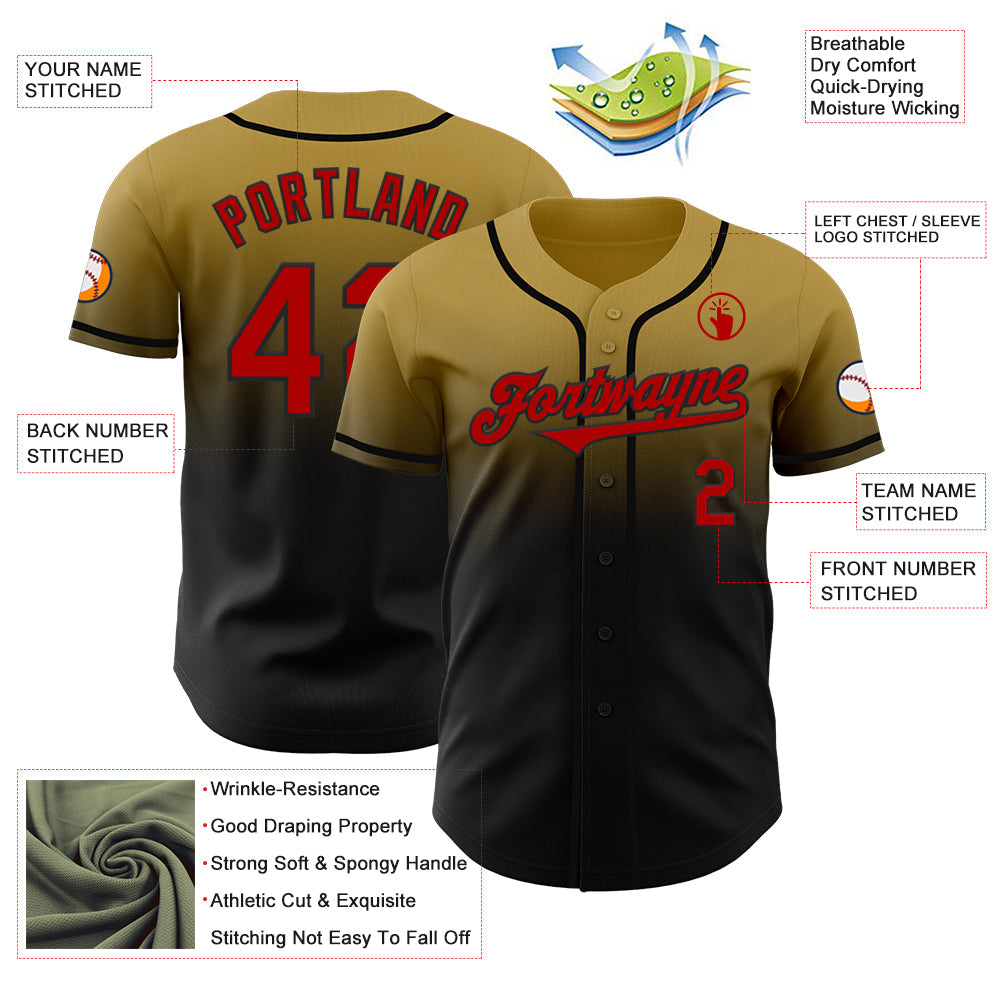Custom Old Gold Red-Black Authentic Fade Fashion Baseball Jersey - Sky-Custom