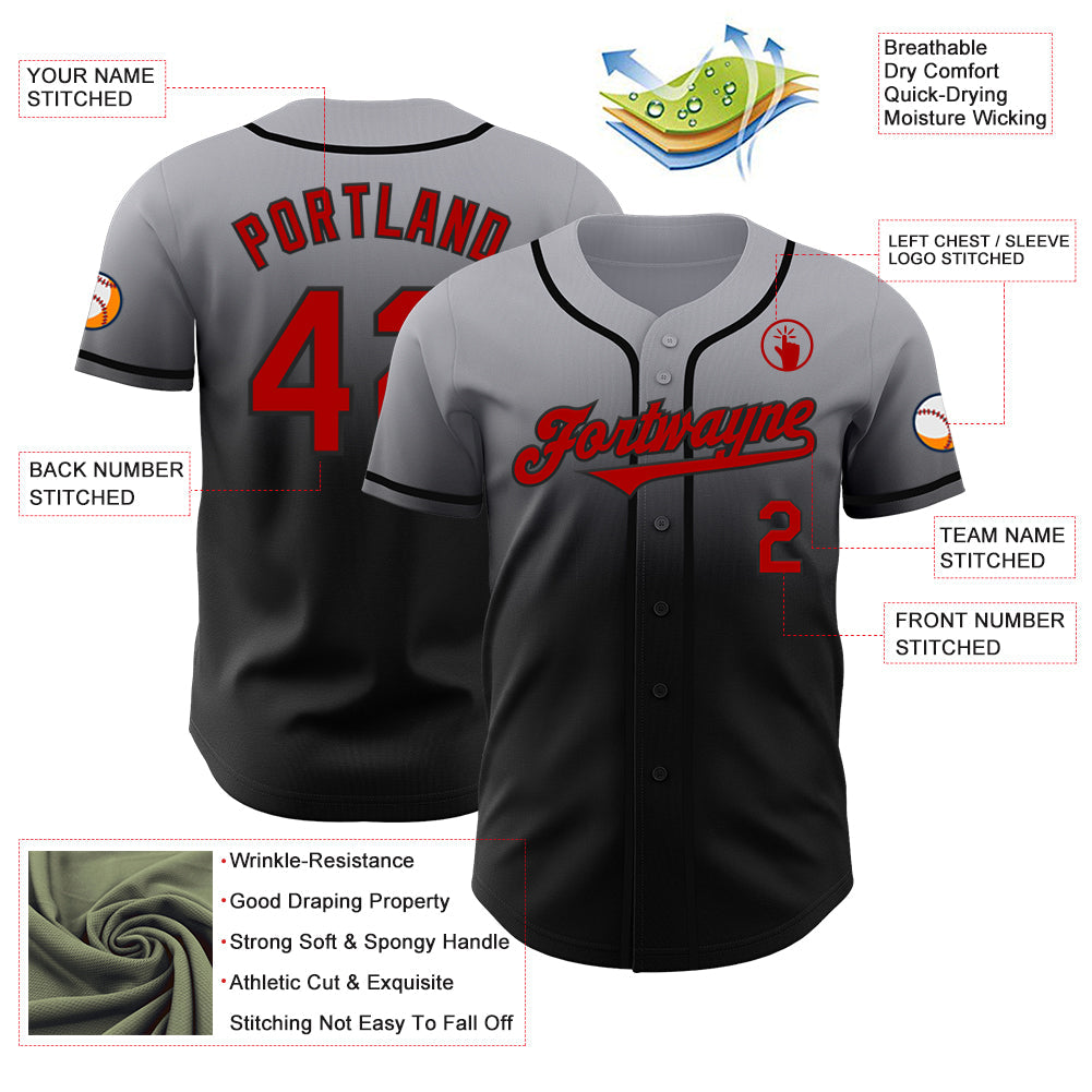 Custom Gray Red-Black Authentic Fade Fashion Baseball Jersey - Sky-Custom