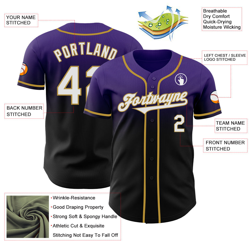 Custom Purple Black-Old Gold Authentic Fade Fashion Baseball Jersey - Sky-Custom