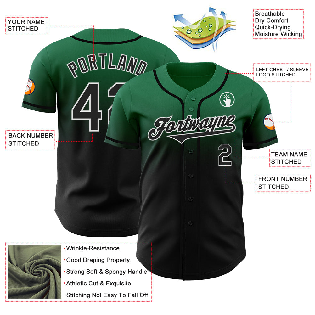 Custom Kelly Green Black-White Authentic Fade Fashion Baseball Jersey - Sky-Custom